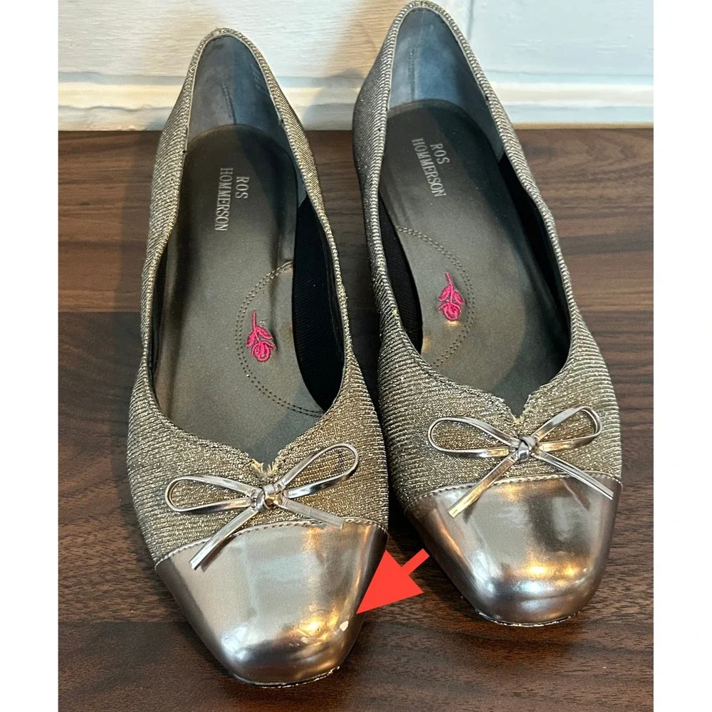 Ros Hommerson Tawnie Silver Metallic Bow Cap Toe Low Block Heel Pumps Womens 6WW